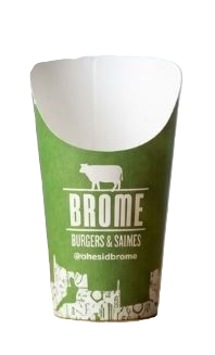Green Brome Burgers branded Fry Scoop with Fry Character peeking above the lip