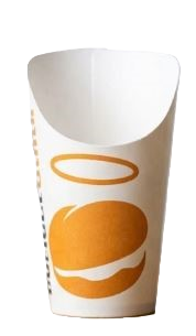 White and tan custom Fry Scoop with an orange burger logo and Fry Girl peeking above the lip