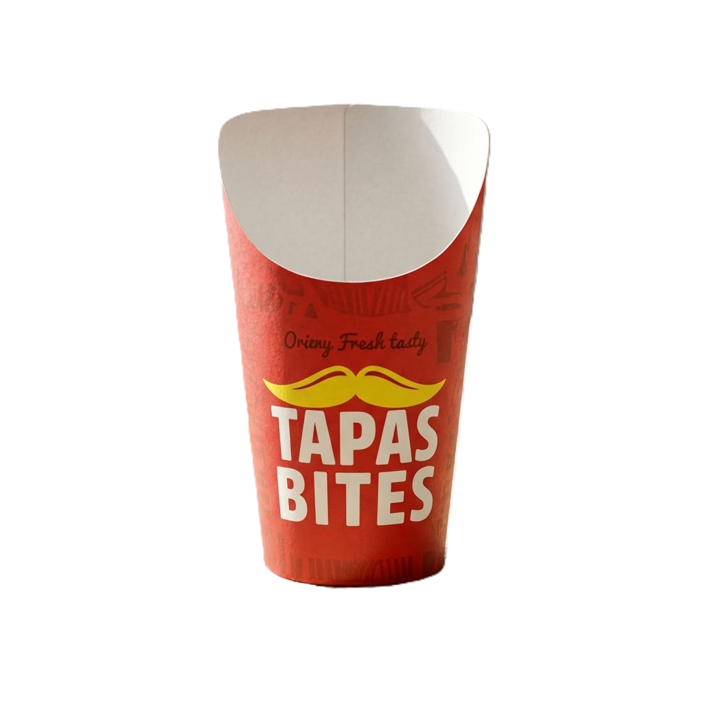 Red Tapas Bites custom printed Fry Scoop displayed on a restaurant table